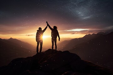 silhouette of two friends standing on a mountain and waving their hands in air