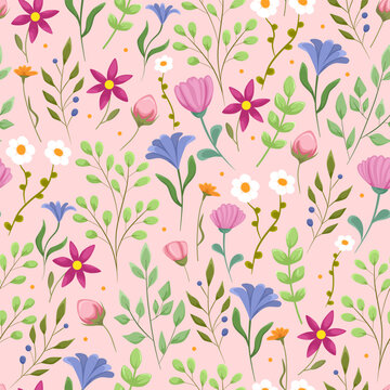 Bright floral seamless pattern with leaves and flowers on a pink background. For paper, conferences, textiles, fabrics, clothing, wallpapers. Stock vector illustration