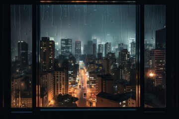 Fototapeta na wymiar view of city buildings while raining at night from a glass window