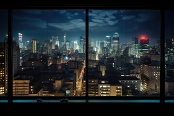 view of city buildings at night from a glass window