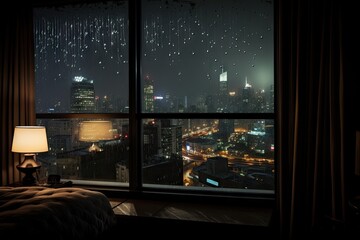 Obraz premium view of city buildings while raining at night from a glass window