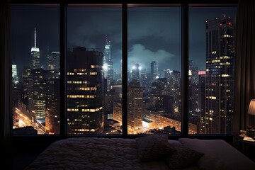 Fototapeta na wymiar view of city buildings at night from a glass window
