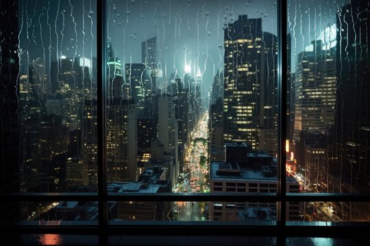 Fototapeta view of city buildings while raining at night from a glass window