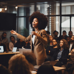 Black woman giving a presentation or lecture. - obrazy, fototapety, plakaty