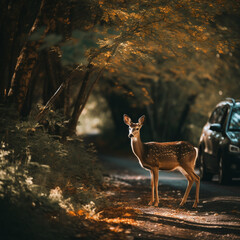 Animal crossing the road. Danger of accident due to animals in the wild.