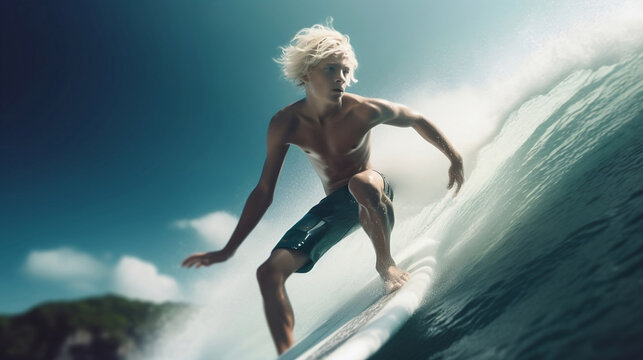 A norwegian blonde boy surfing on the beach
