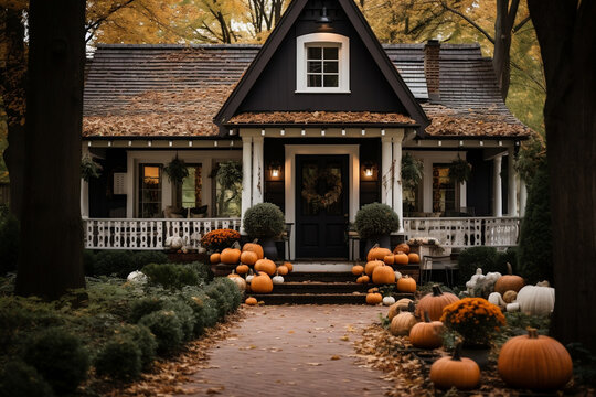 Fall-themed Cottage Delight, Cozy Home with Pumpkins and a Festive Wreath