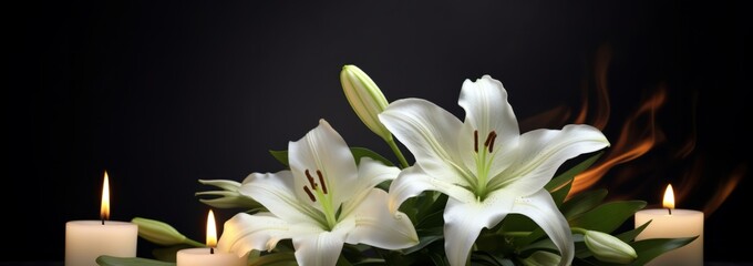 Memorial or grief banner. Beautiful lily and burning candle on black background