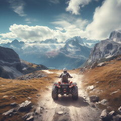 Man with a quad in the mountains. - obrazy, fototapety, plakaty