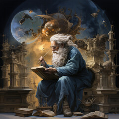 Philosopher thinking and writing in a book. - obrazy, fototapety, plakaty