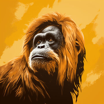 Portrait of an orangutan on a yellow background.