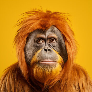 Portrait of an orangutan on a yellow background.