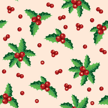 Vector pattern with holly and holly berries
