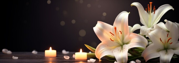 Memorial or grief banner. Beautiful lily and burning candle on black background