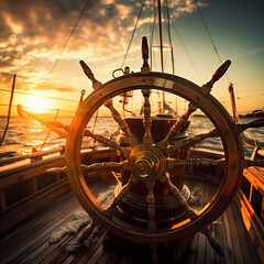 Ship wheel of a boat. Rudder of a ship.
