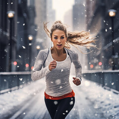 Woman running on a snowing winter day. - obrazy, fototapety, plakaty