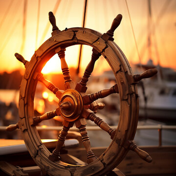 Ship wheel of a boat. Rudder of a ship.