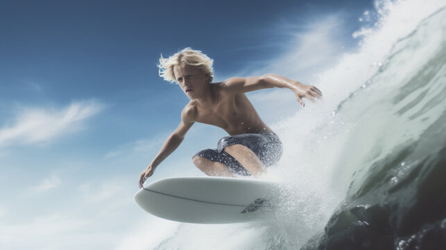 A blonde boy surfing a wave