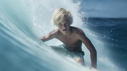 A blonde boy playing on the sea - obrazy, fototapety, plakaty