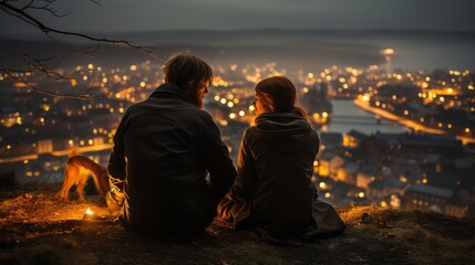 Hyperrealistic photo, On a grassy hill, a couple sits beneath a rain - soaked night