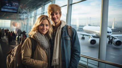 happy smile young woman and boy friend selfy with travel bag in airportมgenearative ai