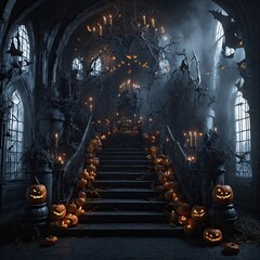 Halloween staircase backdrop with pumpkin, bat, spiderweb