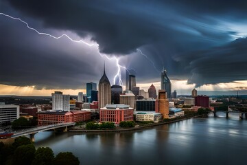 Naklejka na ściany i meble lightning over the city generated Ai.
