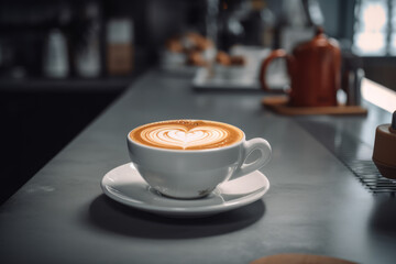 Cup with Latte Coffee. Heart shaped latte art