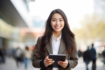 Asian young business woman smiling leader entrepreneur and holding digital tablet