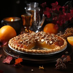 
Pumpkin pie cheesecake garnished with cream and nuts. Seasonal autumn sweetness with an orange layer. Sweet dessert cut piece, calorie food