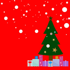 Christmas tree and gift box under the tree. Snowfall in xmas festival. Merry Christmas eve.