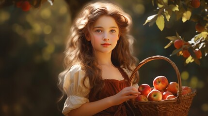 Fototapeta na wymiar Little girl holding a basket with apples