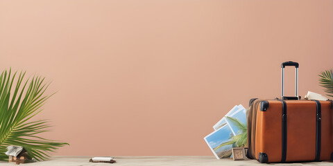 Suitcase adventure travel holiday or vacation concept pink landscape background empty space for design