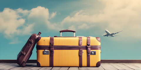Suitcase adventure travel holiday or vacation concept sky and airplane landscape background empty space for design