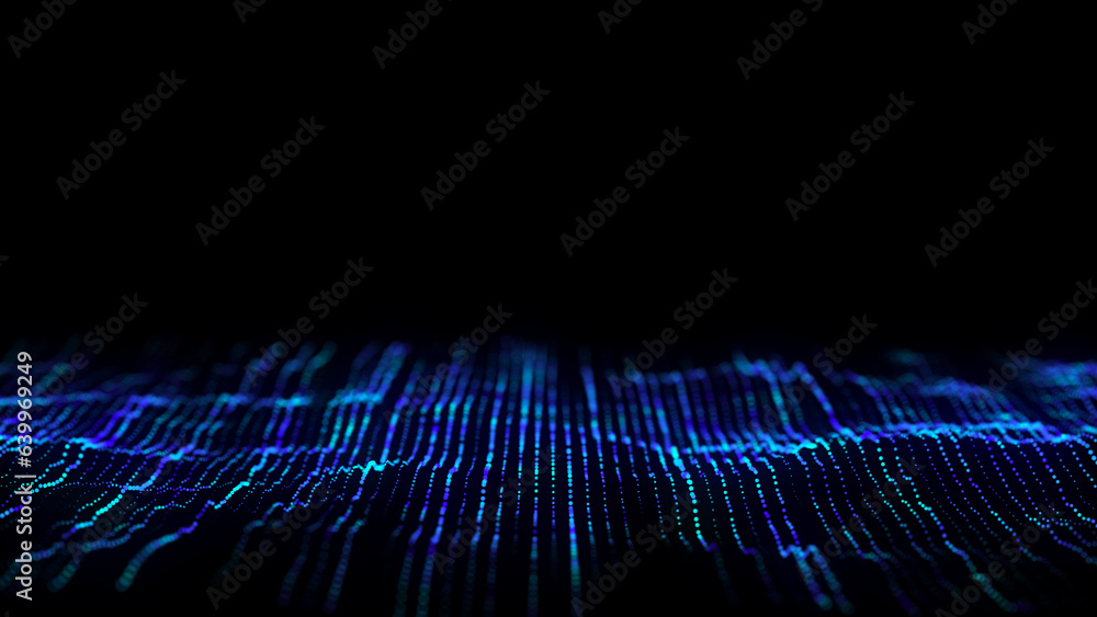 Poster Abstract wave with blue light on black background. Science background with moving dots. Network connection technology. Digital structure with particles. 3d rendering.