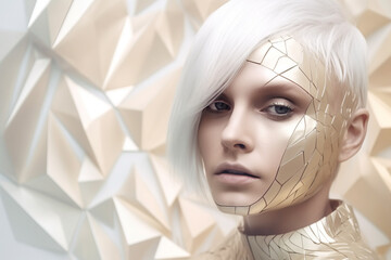 Beauty, fashion and lifestyle concept. Futuristic looking beautiful woman with white hair and minimalist mask portrait. Close-up model view in bright background. Generative AI