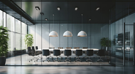 Executive CEO CTO business board meeting room with modern design big table and empty chairs behind a glass. - obrazy, fototapety, plakaty