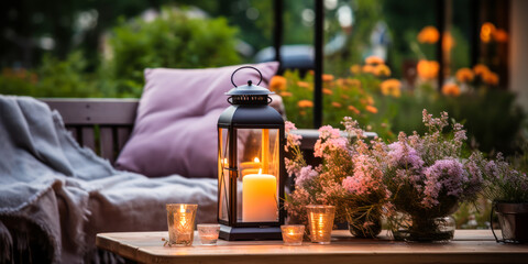 Fototapeta na wymiar Tranquil Garden Patio with Flowers and Lanterns