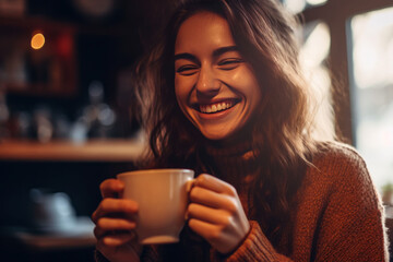 photograph of joyful young woman enjoying a cup of coffee at home.generative ai