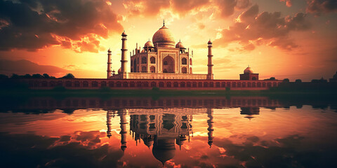 Taj Mahal Palace in India. Indian Temple Tajmahal sunset photography.generative ai