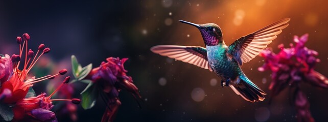 Flying hummingbird web banner. National Hummingbird Day. Flying hummingbird with flowers background. Small colorful bird in flight