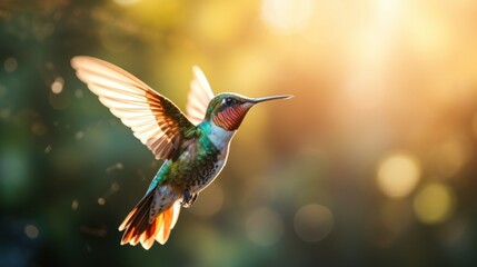 Fototapeta premium Flying hummingbird web banner. National Hummingbird Day. Flying hummingbird with flowers background. Small colorful bird in flight