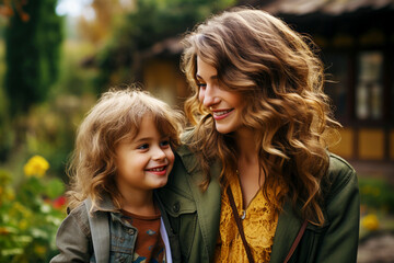 Fototapeta premium A young beautiful mother hugs her little daughter with tenderness and love. Care and maternal feelings.