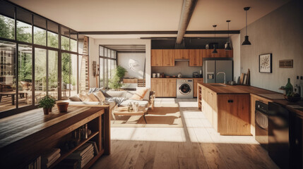 Stylish spacious kitchen and living room with refrigerator and washing machine overlooking cozy dining area with wooden ceiling next to open balcony on sunny day. Concept of modern design solutions.