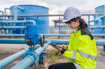 Environmental engineers work at wastewater treatment plants,Water supply engineering working at...