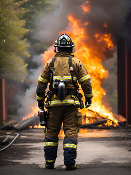 A back view of a firefighter in action on a burning street.