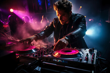 Fototapeta na wymiar DJ working spinning turntable records at night club party. 