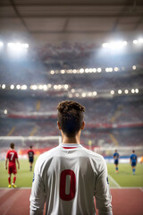 Rear view of a soccer player looking at the football field at night