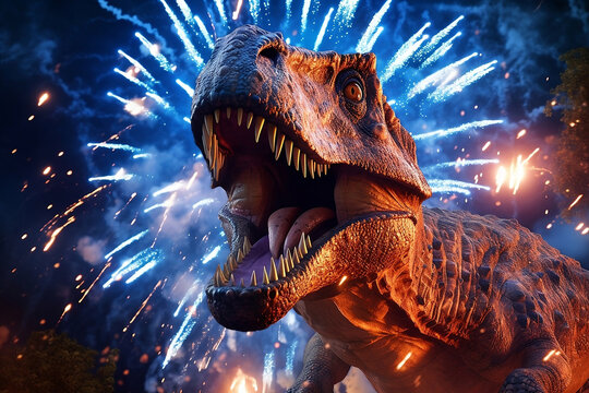 Tyrannosaurus rex dinosaur with firework background. Generated AI