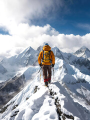 Hiker at the peak of the snowy mountain.